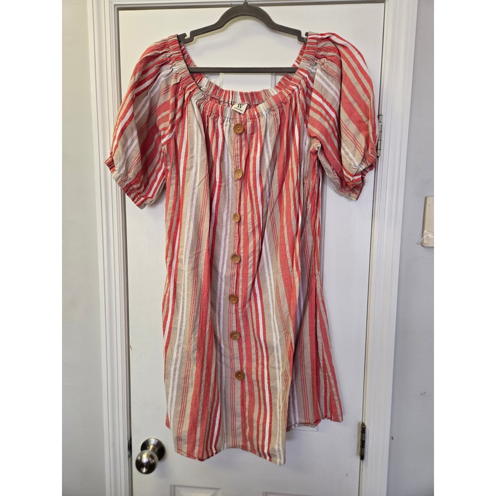 W Wrapper‎ Red Striped Off Shoulder Button Front Cotton Mini Dress Plus Size 2X